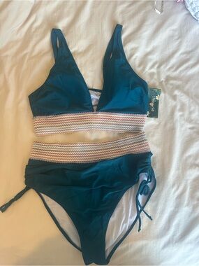 Deep Teal Two-Piece Bikini Set with Striped Waistband